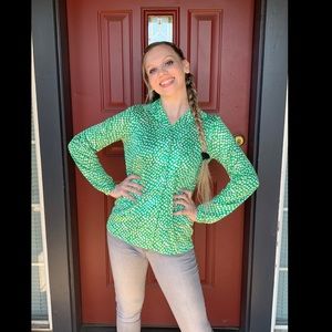 1970s HALSTON V Print Green Op Art Print Blouse